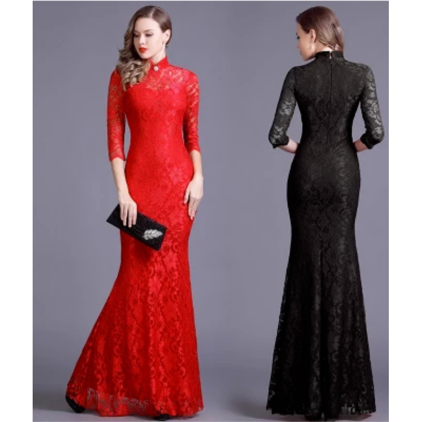Women Nice Elegant Long Elastic Lace Wedding Party Dinner Banquet Maxi Dress Red Shopee Malaysia