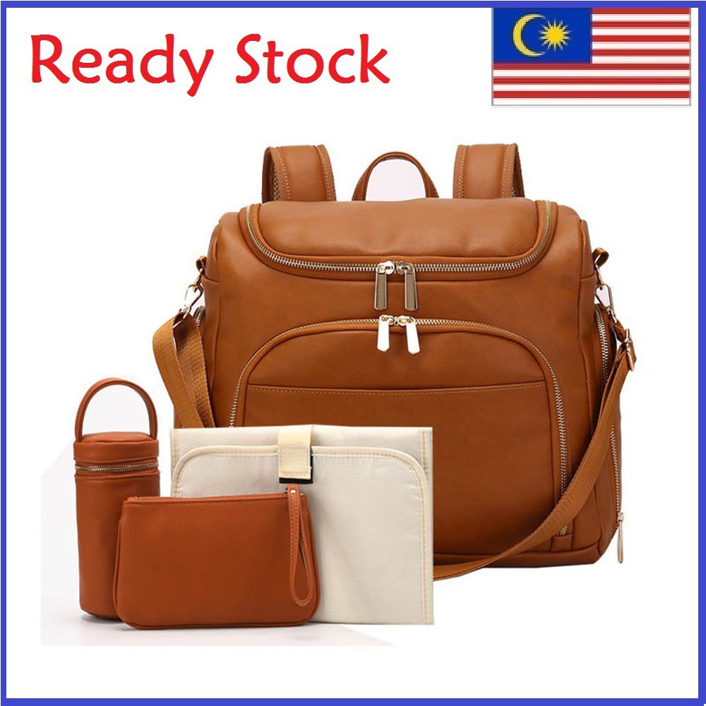 Pu Leather Diaper Bag Set Waterproof Cloth Diapers Women S Leather Bottle High Quality Backpack Fashion Travel Rucksack Shopee Malaysia
