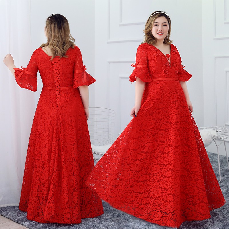 2xl 6xl Plus Size Red Lace A Line Half Sleeve Bridal Wedding Dinner Prom Dress 8 Shopee Malaysia