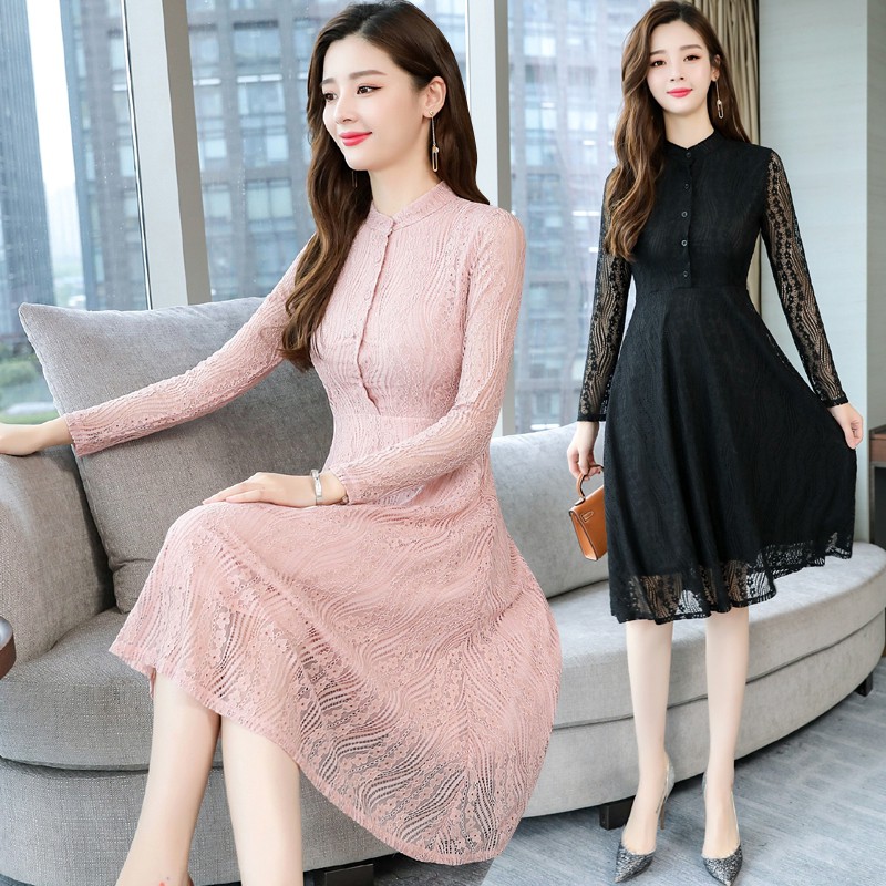 Korean Fashion Long Sleeve Lace Dresses Dinner Party Casual Midi Dress For Women Shopee Malaysia