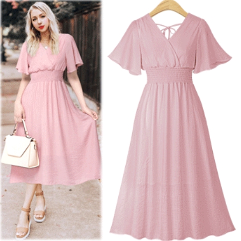 Women Pink Long Dress Fashion Slim Chiffon Skirt Short Sleeve Ladies Office Wear Shopee Malaysia