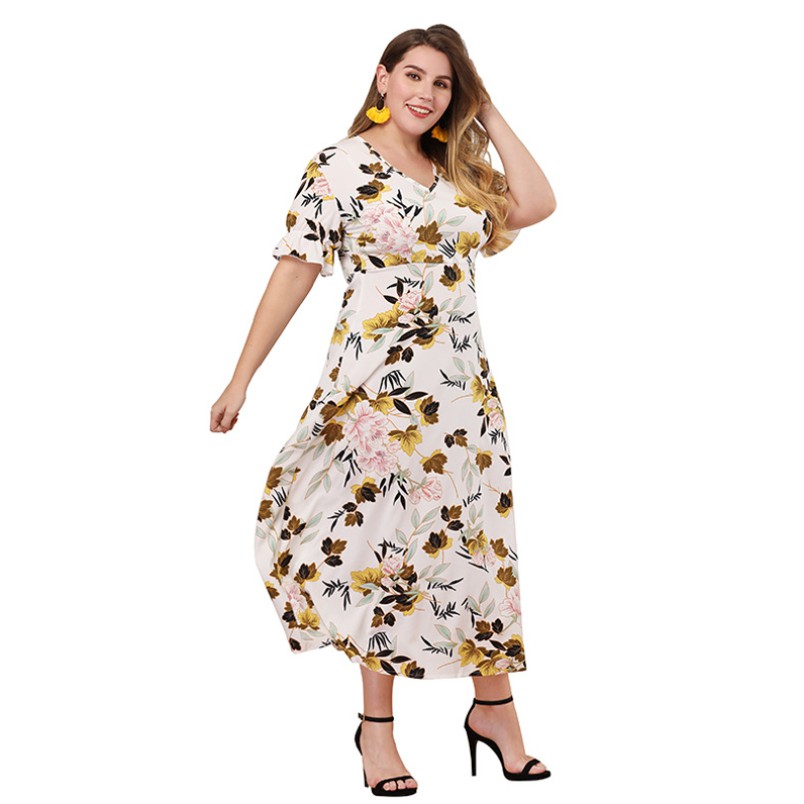 Plus Size Women Print Floral Bohemian Midi Dress Big Size Lady Fashion Short Sleeve Slim Maxi Dress Large Size Shopee Malaysia