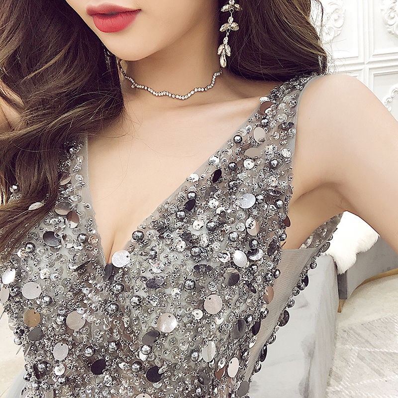 Dress Dinner Will Brief Paragraph Small Evening Annual Birthday Party Host Show Thin V Neck Sexy Backless Shopee Malaysia