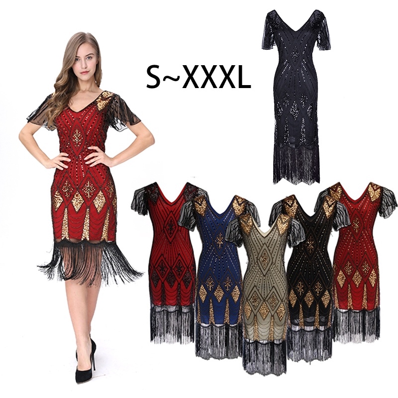 S Xxxl 1920s Vintage Art Deco Fringed Sequin Dress 20s Flapper Gatsby Costume Dress Shopee Malaysia