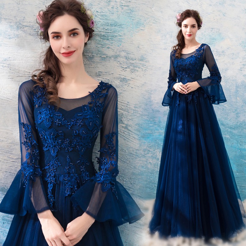 Xs 2xl Long Sleeve Navy Blue Muslim Wedding Dinner Puffy Prom Maxi Dress Gown Shopee Malaysia