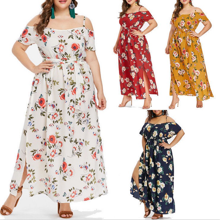 Bohemian Women Plus Size Dress Off Shoulder Elegant Print Floral Hem Maxi Dress Lady Casual Dress Shopee Malaysia