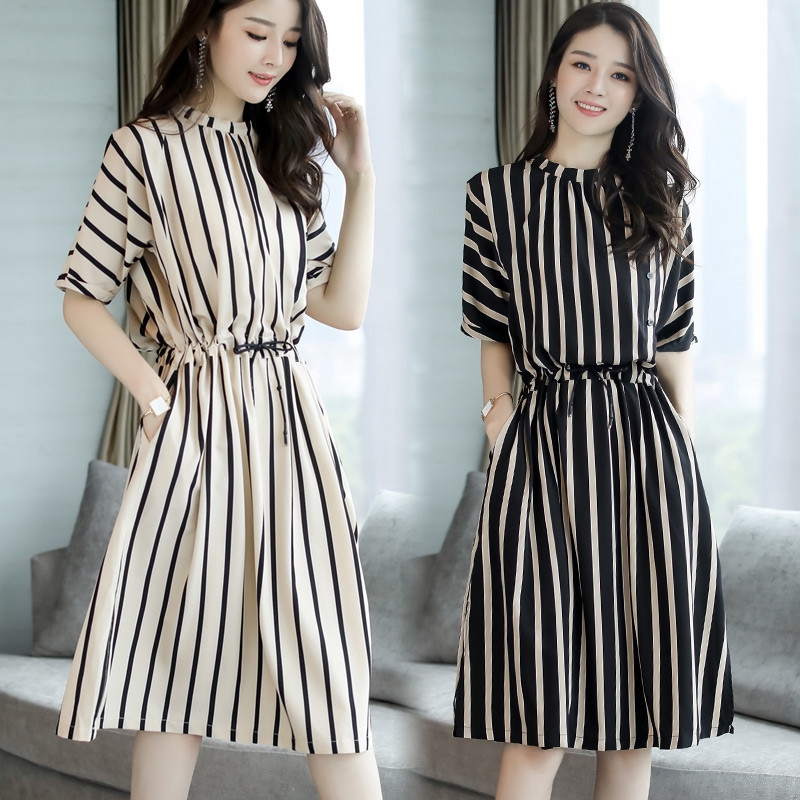 Korean Women Midi Dress Stripe High Waist A Line Short Sleeve Fashion Dresses Shopee Malaysia