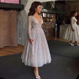 Ready Stock Wedding Bride Glitter Silver V Neck Midi Dress Evening Party Bodycon Dress Women Dinner Gown Size S Xl Shopee Malaysia