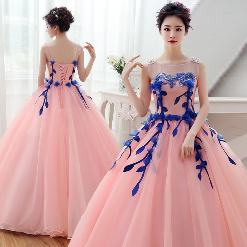 S 3xl Sleeveless Light Pink Blue Leaf A Line Puffy Elegant Rom Engagement Dinner Bride Wedding Maxi Dress Gown 8 Shopee Malaysia