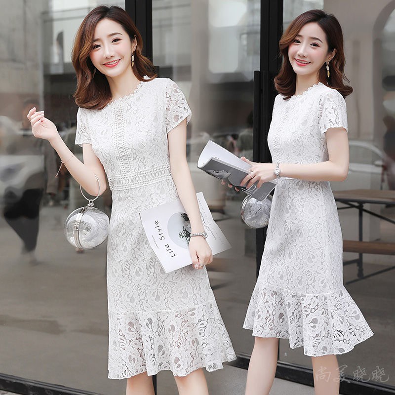 Ot Women Dress White Lace Dresses Short Sleeve Lace Check Round Neck Midi Dress Dinner Date Wedding Host Dress Shopee Malaysia