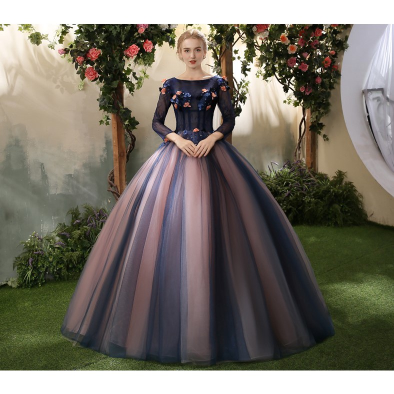 S 2xl Navy Blue 3 4 Long Sleeve Floral Fairy Tale Muslim Pre Wedding Dinner Photoshooting Dress Gown 8 Shopee Malaysia