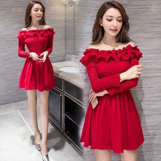 Fashion Sexy Off Shoulder Dress Ruffle Pleated Long Sleeved Red Dress For Dinner Shopee Malaysia