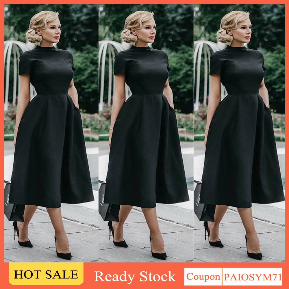 Sym Women Dress Formal Black Short Sleeve Round Neck A Line Party Dinner Midi Dresses Shopee Malaysia