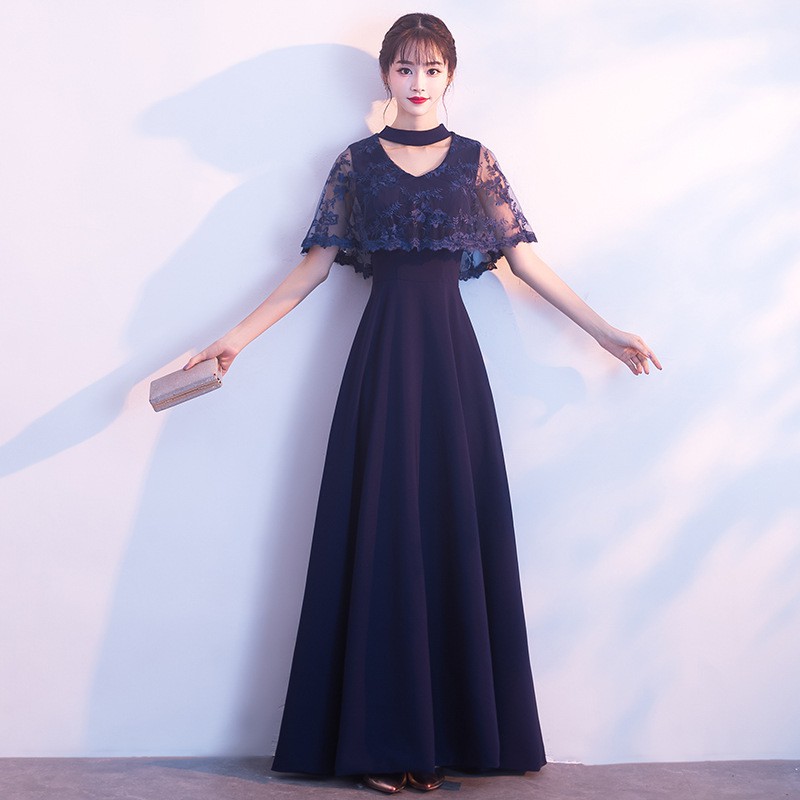 Women Navy Blue Dress Girl Black Maxi Dress Wedding Bridal Evening Gown Piano Performance Gown Shawl Party Dinner Dress Shopee Malaysia