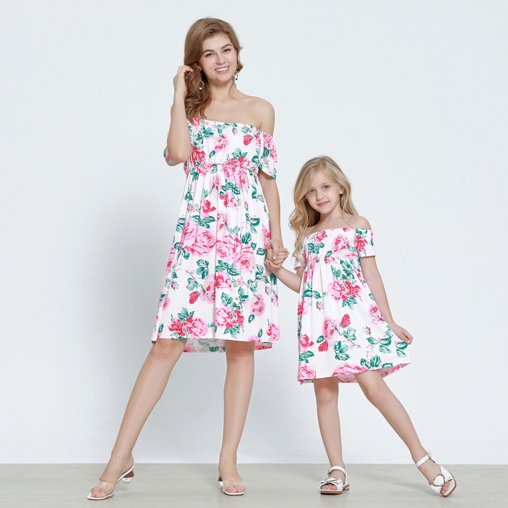 2019 Mother Daughter Dress Shoulder Printed Lotus Leaf Edge Parent Child Outfit Seaside Vacation Clothes Beach Clothes Shopee Malaysia