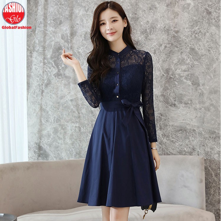 Korean Fashion Women Long Sleeve A Line Formal Dinner Lace Dress Navy Blue Shopee Malaysia