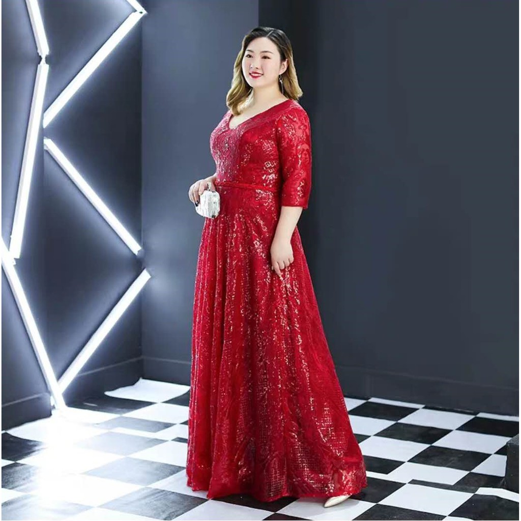 Limited Malaysia Ready Stock 6xl Plus Size Wine Red Sequin Long Formal Dinner Dress For Women Evening Wedding Maxi Dress Shopee Malaysia