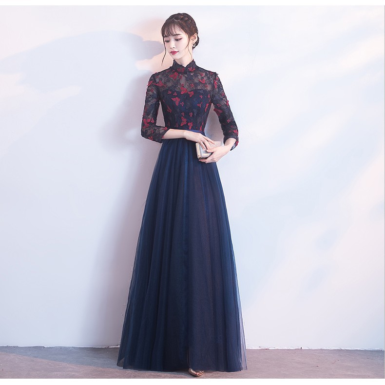 Xs 2xl Navy Blue Muslim Long Sleeve Cheongsams Elegant Wedding Dinner Prom Dress Shopee Malaysia