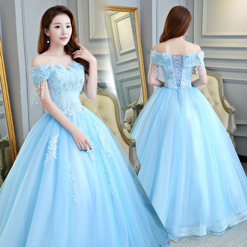 Beaunique Baby Blue Off Shoulder Tassel Sweetheart Lace Top A Line Bridal Dress Shopee Malaysia