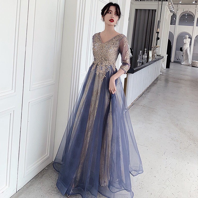 Custom Made Banquet Dinner Evening Dress Girl Blue V Neck Long Sleeve Dreamy Wedding Engagement Party A Line Maxi Dress Shopee Malaysia