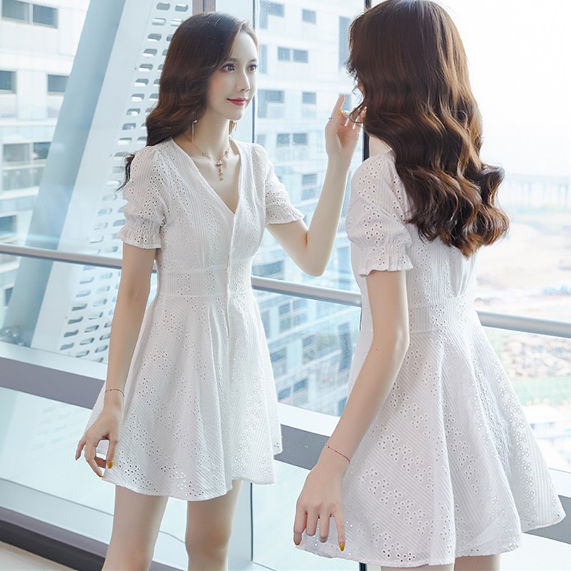 Women S Korean Style White Lacy Midi Dress Sweet Girls Prom Simply Plain Dresses Shopee Malaysia