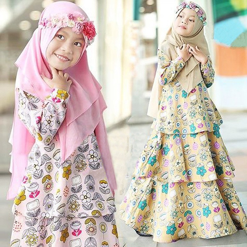 2020 Muslim Baby Girls Jubah Girl Dress Scarf Sets 2pcs Fashion Traditional Flower Kids Clothing Abaya Muslim Baaby Girl Party Dress Ramadan Clothing For 1 5 Years Old Islamic Hijab Dresses For Girl