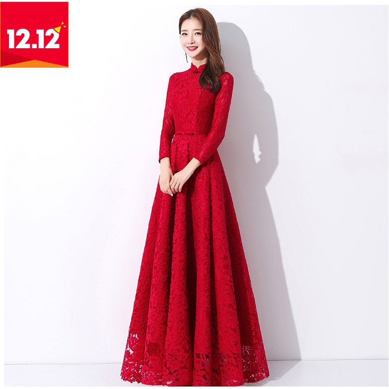 Red Lace Wedding Gown Dress Elegant Womeb Long Party Dinner Evening Maxi Dresses Shopee Malaysia