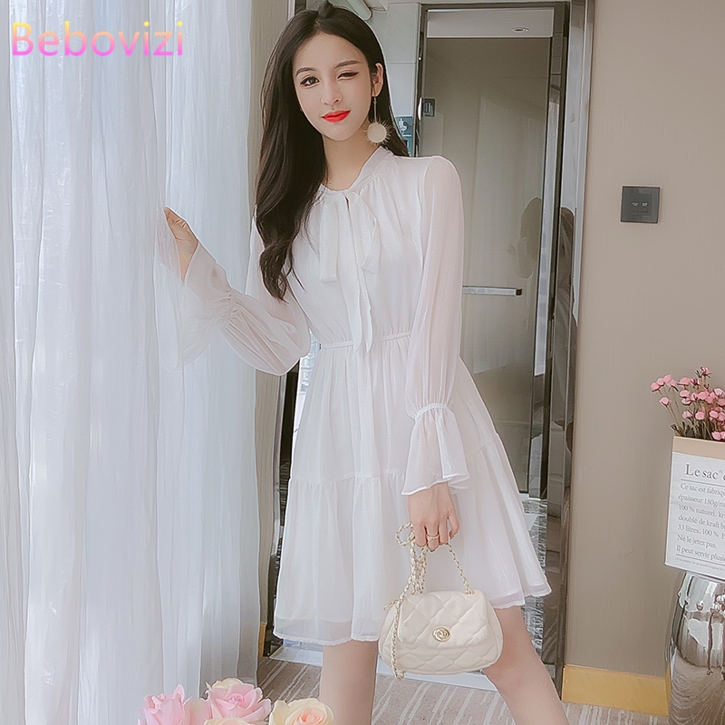 Fashion Korean White Long Sleeve Chiffon Women Midi Dress Casual Elegant A Line Long Dresses Import Shopee Malaysia