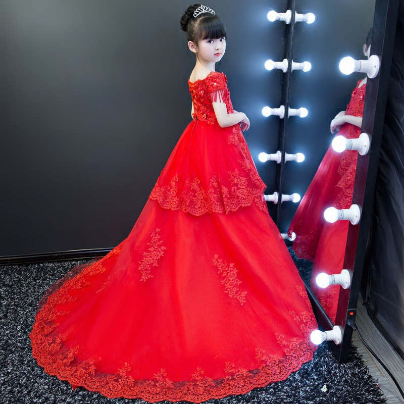 Gril Red Evening Gown Big Trailing Dress Kids Maxi Birthday Party Dress Wedding Bridemaid Skirt Piano Performance Dress Shopee Malaysia
