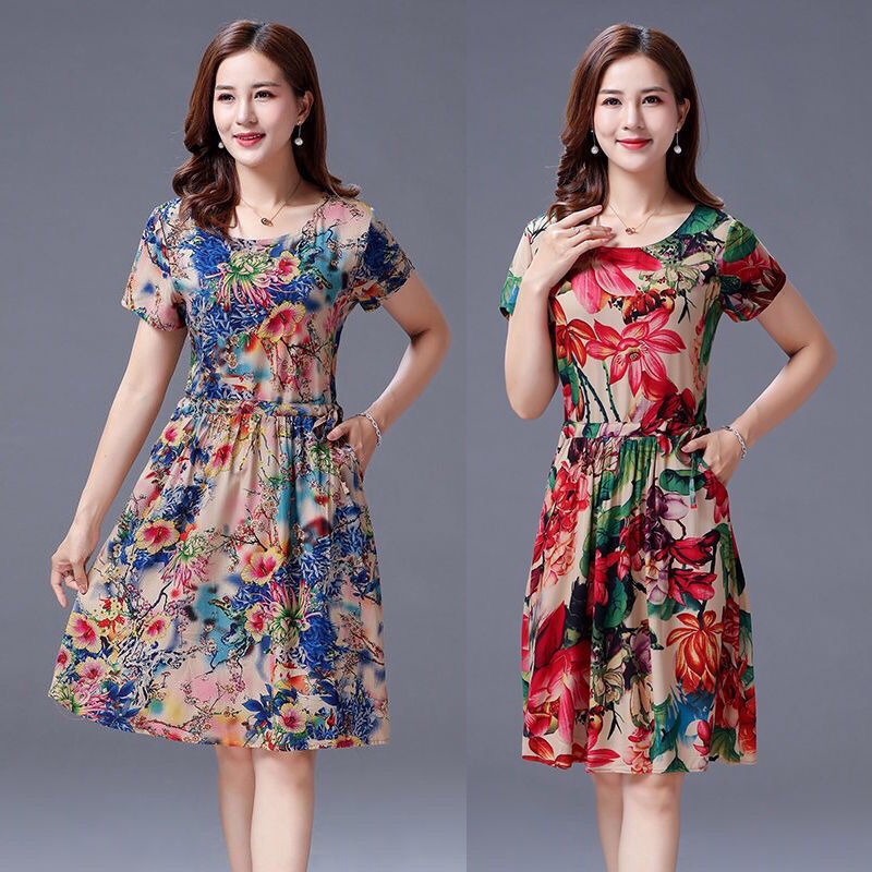 Mother S Dress Summer Medium Length 40 60 Year Old Middle Aged Women S Short Sleeve Pocket Large Fashion Slim Floral Skirt Shopee Malaysia