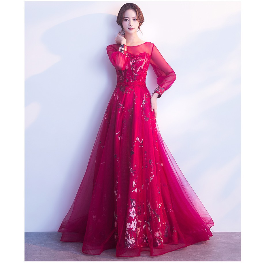 Po Muslimah Red Maroon Long Sleeve Wedding Bridal Prom Dress Gown Rbmwd0144 Shopee Malaysia