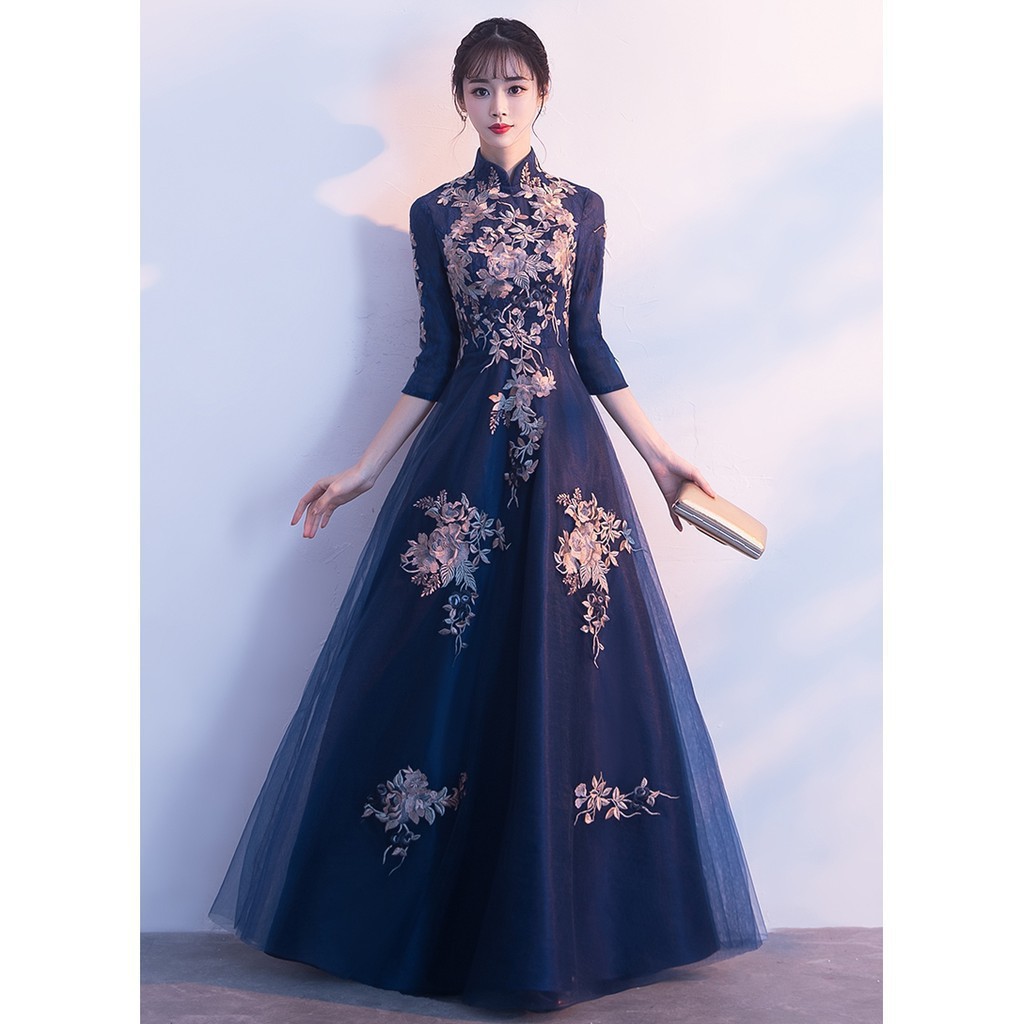S 3xl Navy Blue Long Sleeve Muslim Floral Cheongsams Wedding Dinner Prom Dress 8 Shopee Malaysia