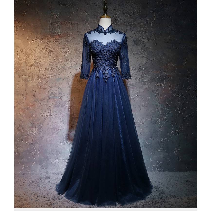 S 2xl Muslimah Navy Blue Puffy Long Sleeve Wedding Dinner Maxi Prom Dress Gown 8 Shopee Malaysia