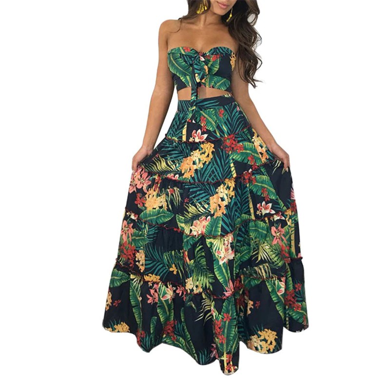 Vsky Summer Women Two Piece Set Beach 2 Piece Dress Retro Floral Print Lace Up Shopee Malaysia