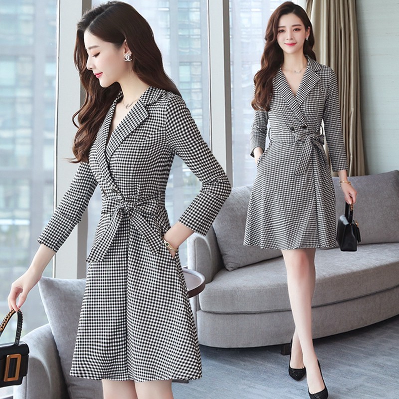 Ready Stock Korean New Plaid V Neck Office Wear Formal Dresses For Women Shopee Malaysia