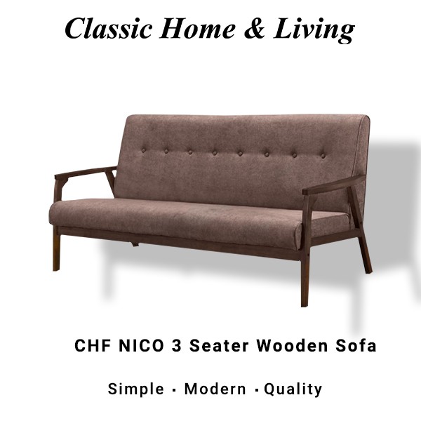 Chf Nico 3 Seater Wooden Sofa Solid Wood Frame Thick And Comfortable Fabric Brown Shopee Malaysia