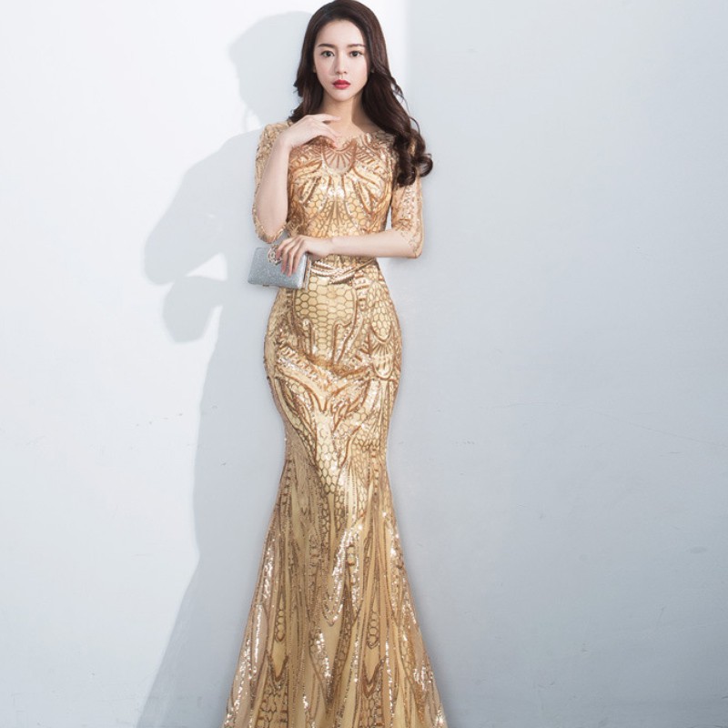 Mermaid Long Dress Wedding Party Gold Sequined Appliques Retro Fishtail Dress Shopee Malaysia