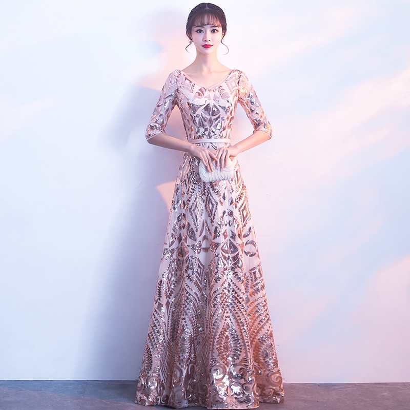 Custom Made Long Rose Gold Silver Sequin Formal Dress Women Floor Length Anniversary Rewards Night Annual Dinner Dresses Shopee Malaysia