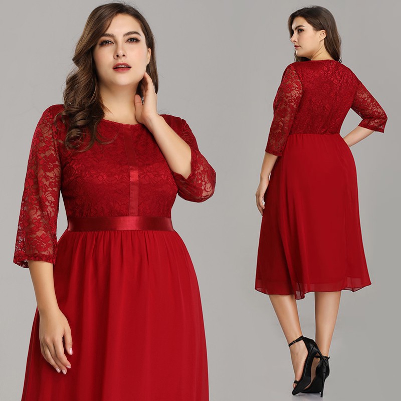 Plus Size Women Lace Long Sleeve Evening Cocktail Party Casual Red Dress 7641 Shopee Malaysia