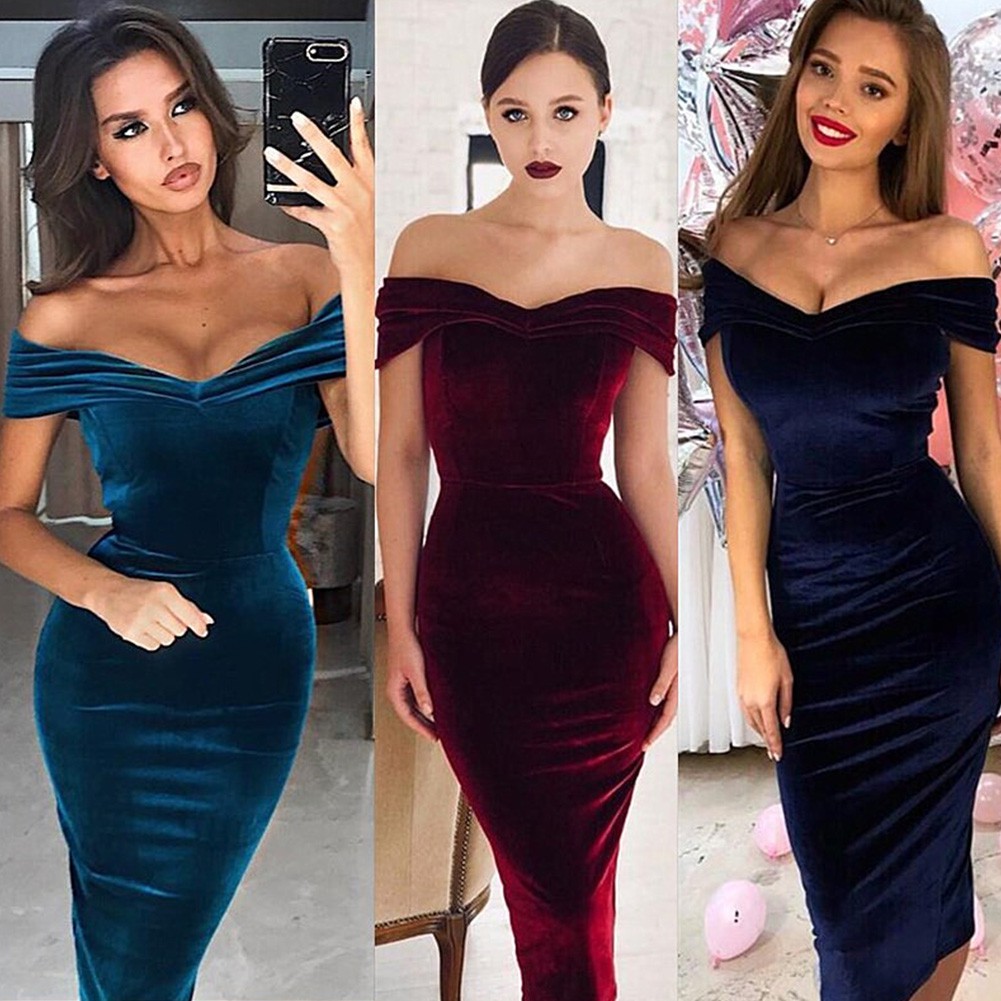 Women Dress Prom Formal Evening Party Off Shoulder Y Velvet Bodycon Gown Shopee Malaysia