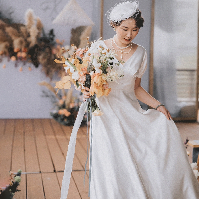 Satin Wedding Dress Wedding Engagement Party Gown Bridal Wedding Gown Trailing White Satin Gown Piano Performance Girl Dress Concert Dress Shopee Malaysia