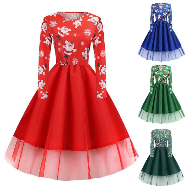 Women Christmas A Line Dresses Xmas Long Sleeve Swing Santa Pleated Plus Size Shopee Malaysia
