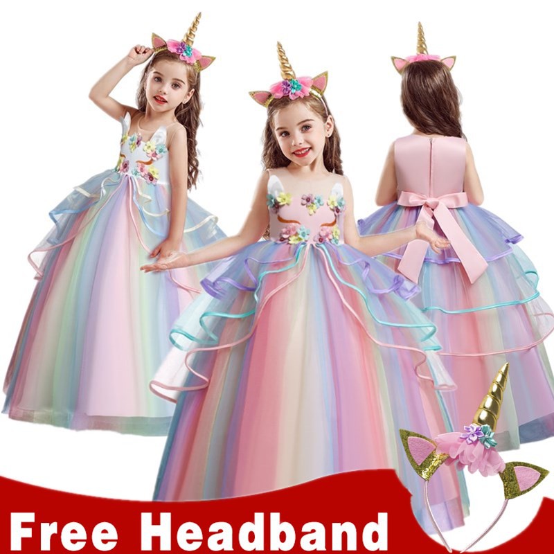 Nnjxd Kids Unicorn Dress For Girls Embroidery Flower Long Gown Girl Princess Birthday Party Wear Match Headband Shopee Philippines