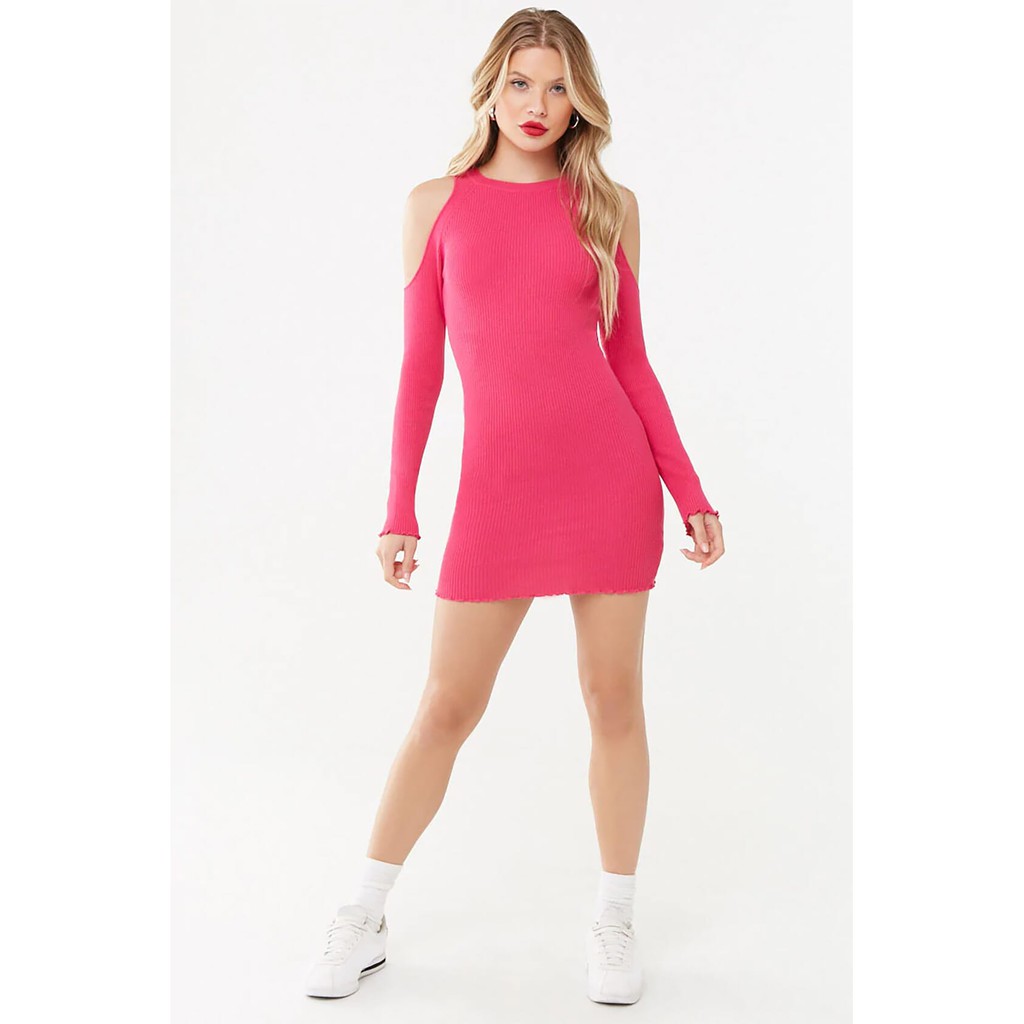 Forever 21 Women S Ribbed Cold Shoulder Mini Dress Hot Pink Shopee Philippines