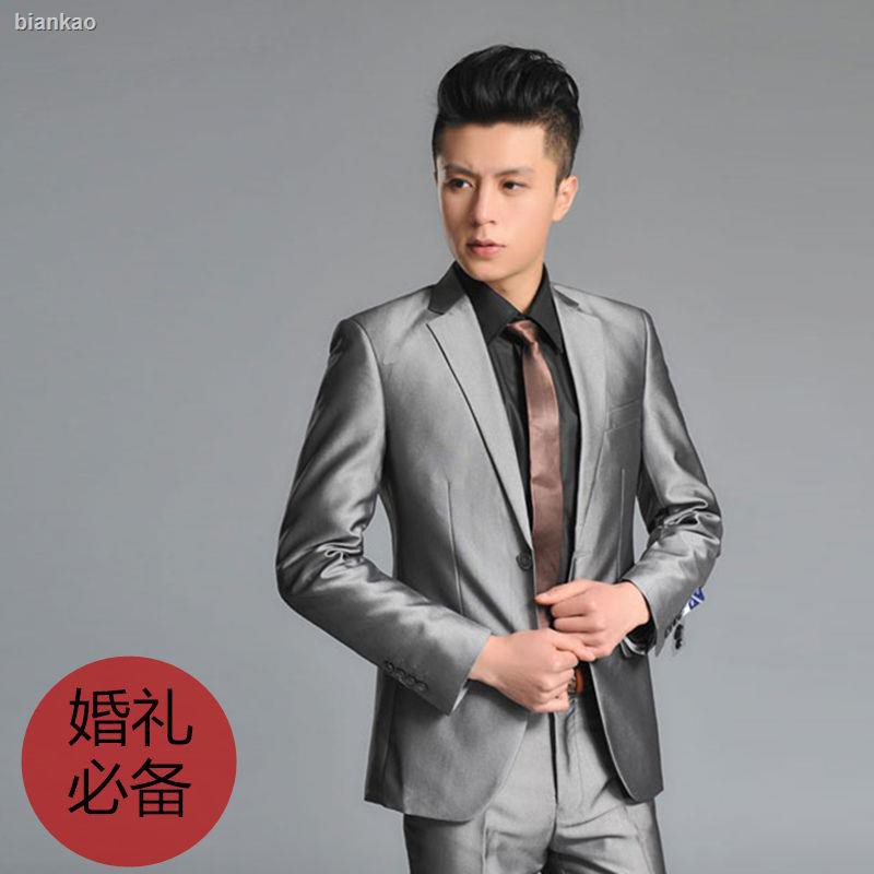 Men S Wedding Suit Slim Groom Best Man Silver Gray Shiny Wedding Dress Shopee Philippines