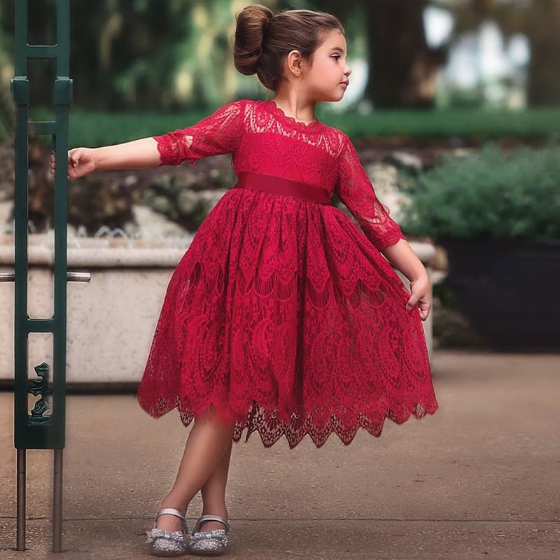 Kids Dress Red Birthday Wedding Lace Girls Formal With Belt Hbg20 Shopee Philippines