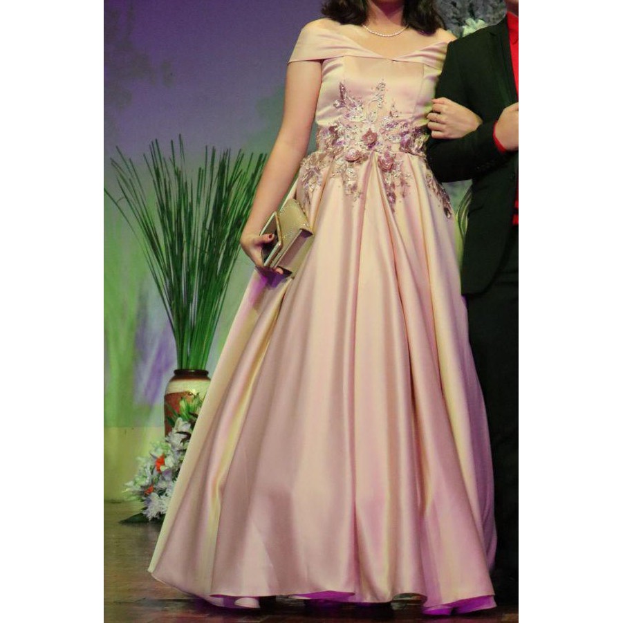 Off Shoulder Rose Gold Pink Silk Prom Gown Shopee Philippines