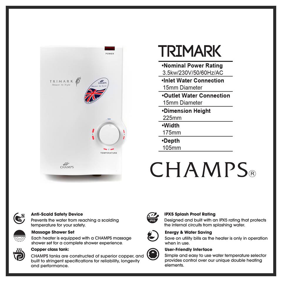 Trimark 3.5 kw Singlepoint Water Heater (White) Shopee