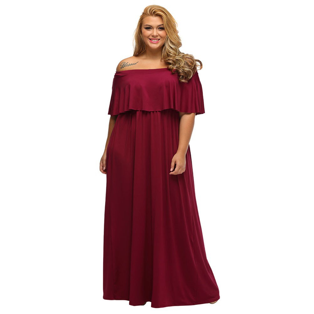 Burgundy Plus Size Ruffle Off Shoulder Dress Shopee Philippines