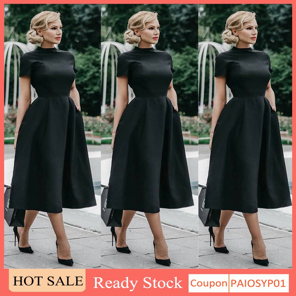 Syp Women Dress Formal Black Short Sleeve Round Neck A Line Party Dinner Midi Dresses Shopee Philippines